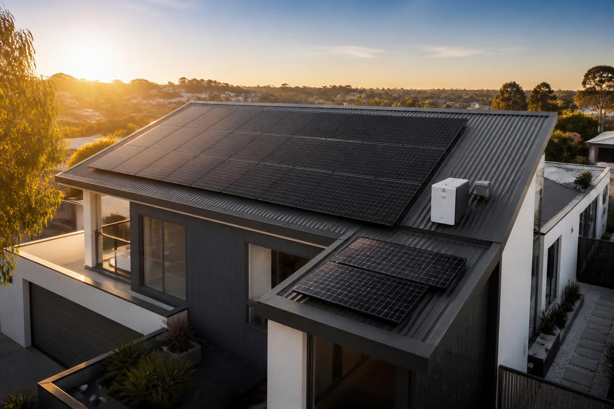 Modern home with solar panels and battery storage at sunset
